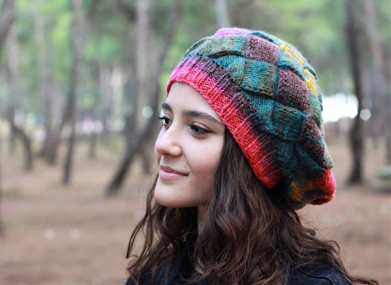 Multicolor Hand Knit Hats for Women, Winter Handmade Knitted Hat, Self Care Cozy Gifts