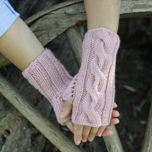 Handmade winter knitted mittens in pink, Cable knit fingerless gloves women, Wool thumbless cozy mitts