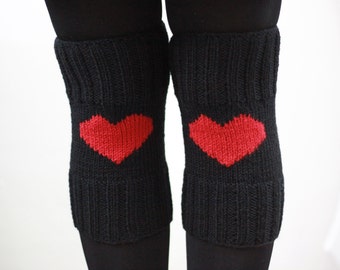 Knit Heart boot cuffs for women, Winter black and red handmade knee warmers, Knit boot toppers, Valentines day gifts for her, Knitwear