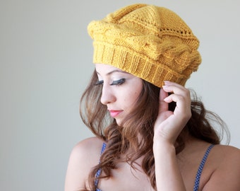 Mustard Knit Hat, Yellow wool beret, Knit beret woman, Homemade hat woman, Handknit yellow hat, Winter Hats Hand Knit Beanie in Mustard...