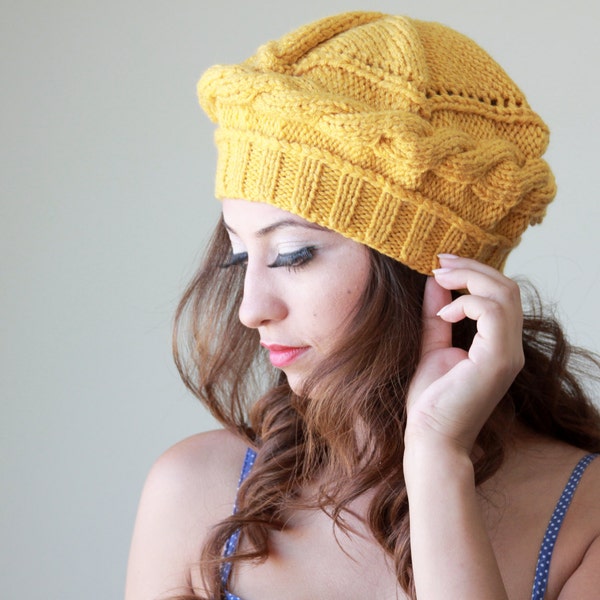 Mustard Knit Hat, Yellow wool beret, Knit beret woman, Homemade hat woman, Handknit yellow hat, Winter Hats Hand Knit Beanie in Mustard...