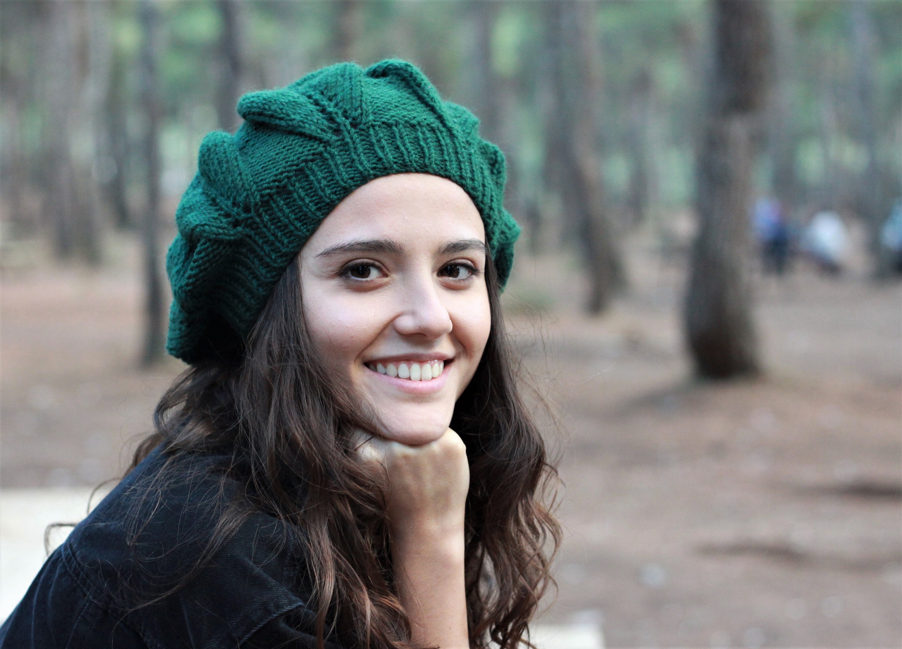 Hand Knit Beret, Slouchy Knit Beanie Hat for Womens, Emerald Green, Homemade, Ribbed Brim, Ear Cover, Hand Knit Hat Women