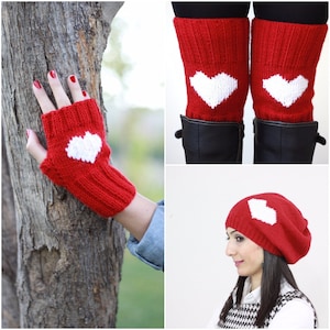 Valentines day gift for her, Valentines scarf, Valentines beanie hat for women, Valentines heart gloves, Valentine knee warmers, Knitwear