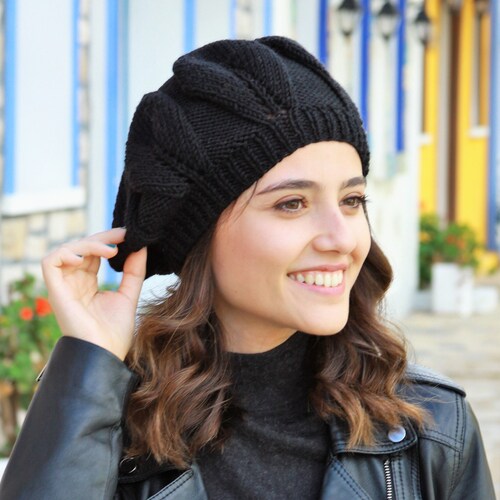 7362 Ladies Cable Knit Beret (black) Black Cable Knit Beret Type Soft Hat, Womens ,one Size  main image 3