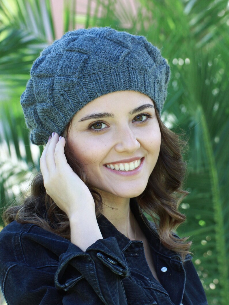 Dark Gray Knit woman beanie, Handknit winter beret, Ladies winter hat, Winter hand knit accessories image 6