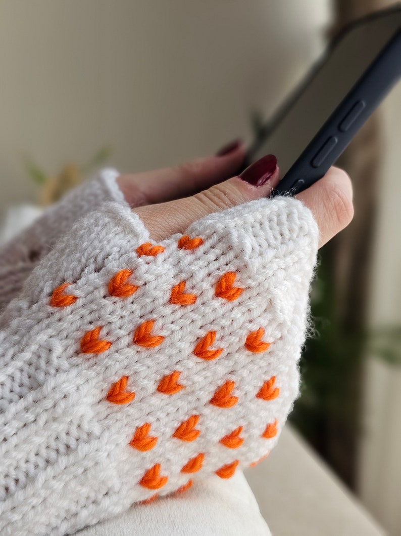 Accessories for mom, Custom color Knit heart Gloves, Handmade gift for girlfriend, Gift for teacher appreciation week White w Orange Heart