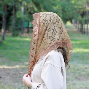 May include: A brown lace veil with floral patterns. The veil is worn over a person's head and covers their hair.