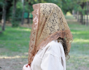 Triangle Mustard Lace Chapel Veil, Catholic Mantilla for Mass