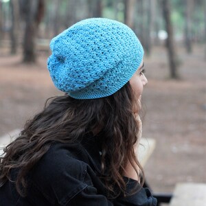 Blue Crochet cotton summer hat beanie women, Spring slouchy soft cap, Boho bamboo beanie slouch, Non itchy ladies soft headwear image 4