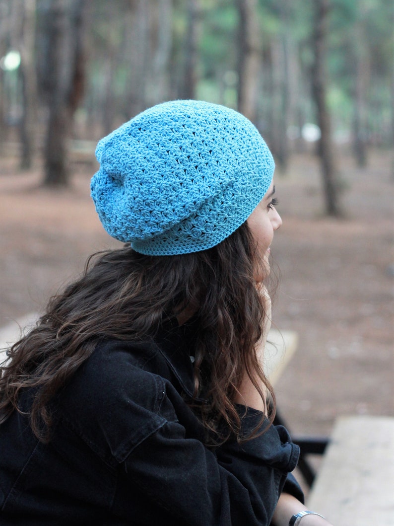 Blue Crochet cotton summer hat beanie women, Spring slouchy soft cap, Boho bamboo beanie slouch, Non itchy ladies soft headwear image 4