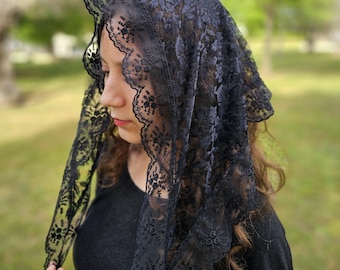 Black Lace Church Veil, Catholic Mantilla Veil for Mass, Triangle Christian Veil Headcovering, Christian Prayer Scarf Black, Mourning Veil
