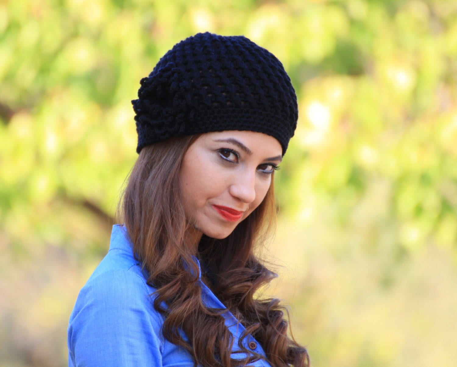 Black Crocheted Beanie With Flower on Side for Women - Etsy