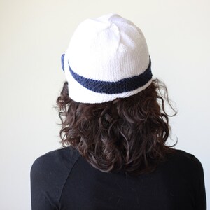 Women hand knitted hat in white with a navy blue band, Wool winter bonnet, Handknit beanie for ladies image 5