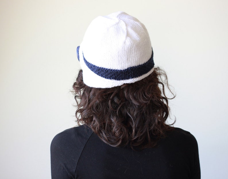 Women hand knitted hat in white with a navy blue band, Wool winter bonnet, Handknit beanie for ladies image 5