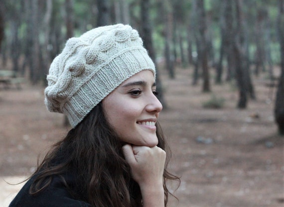 Knit Beige Winter Hat for women - Etsy Polska