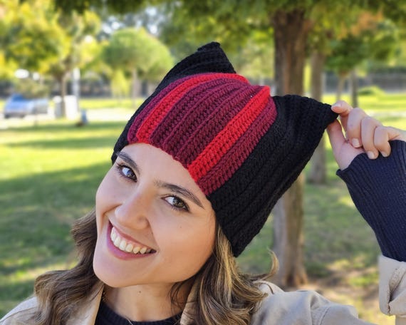 Cat Ear Beanie, Red Black Burgundy Crochet Hat, Striped  display picture 2