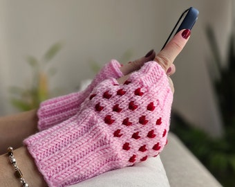 Women pink knit fingerless gloves with small hearts, Winter accessories, Elegant hand warmers, Romantic valentines day gift for her