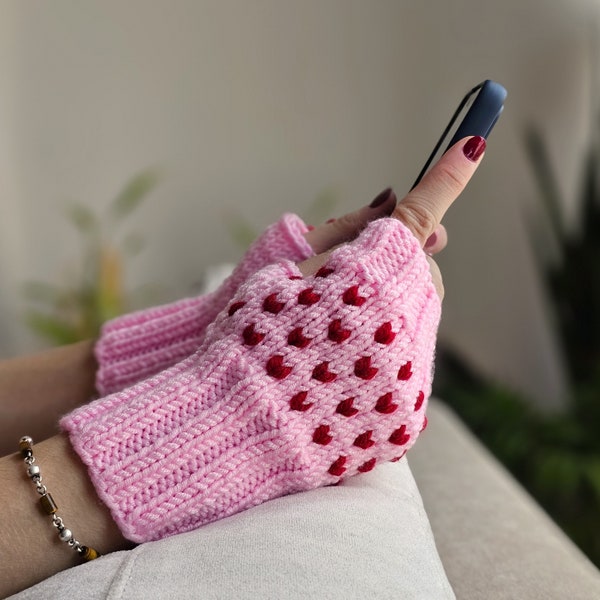 Women pink knit fingerless gloves with small hearts, Winter accessories, Elegant hand warmers, Romantic valentines day gift for her