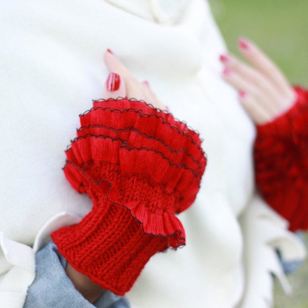 Gants sans doigts uniques femmes, mitaines à volants mignonnes, chauffe-poignets tricotés confortables, mitaines confortables d'automne
