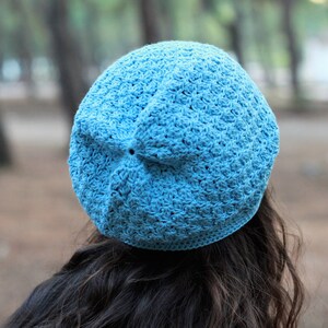 Blue Crochet cotton summer hat beanie women, Spring slouchy soft cap, Boho bamboo beanie slouch, Non itchy ladies soft headwear image 6