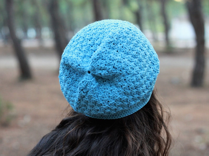 Blue Crochet cotton summer hat beanie women, Spring slouchy soft cap, Boho bamboo beanie slouch, Non itchy ladies soft headwear image 6