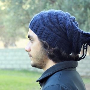 Handknit navy slouch hat for men, Knit winter beanie men, Boho gift for him, Mens Slouchy beanie