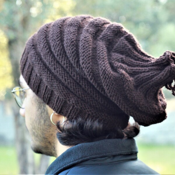 Slouchy knit hat men, Brown winter mens beanie for winter, Handmade slouch beanie for him, Unique gift for boy friend or husband