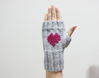 Hand knitted gloves with heart for women, Romantic gift for her, Handmade Valentines Gift fingerless gloves, Winter accessories for her