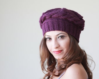 Winter purple knit hat women, Hand Knitted beret, Purple handknit beanie