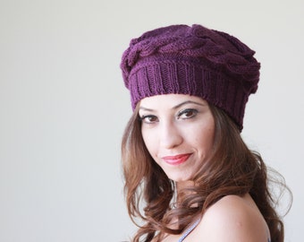 Winter purple knit hat women, Hand Knitted beret, Purple handknit beanie from wool and acrylic yarn, Cozy fashion fall accessories