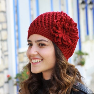 Deep Burgundy Hand-Crocheted Beanie: Large Brim Flower