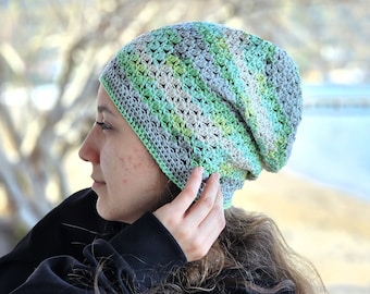 Cotton crochet spring hat, Women green hat, Multicolor Slouch cotton beanie, Slouchy boho cap, Soft summer headwear, Accessories for mom