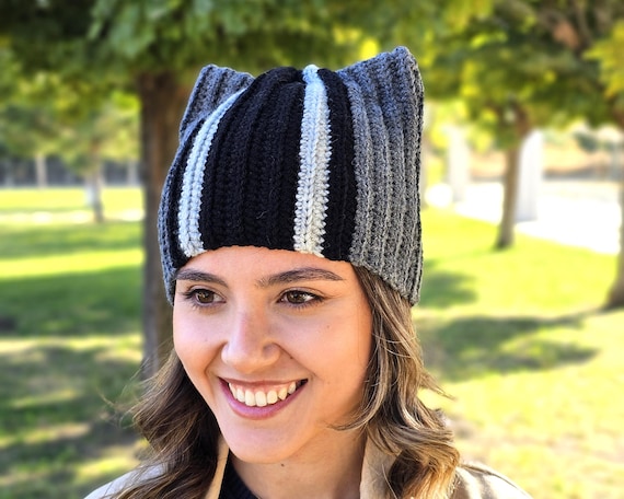 Bonnet Oreilles De Chat, Bonnet Chat Tricoté à La Main, Bonnet En Grosse Maille, Bonnet Femme, Bonnet Homme, Chapeau D'hiver, Bonnet Chat, Rayures Noires Et Orange - France