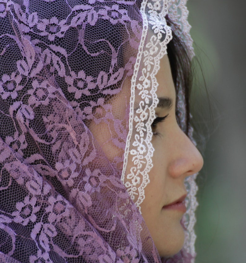Dusty rose infinity church veil for Catholic mass pray, Head scarf for prayer, Women lace covering image 2