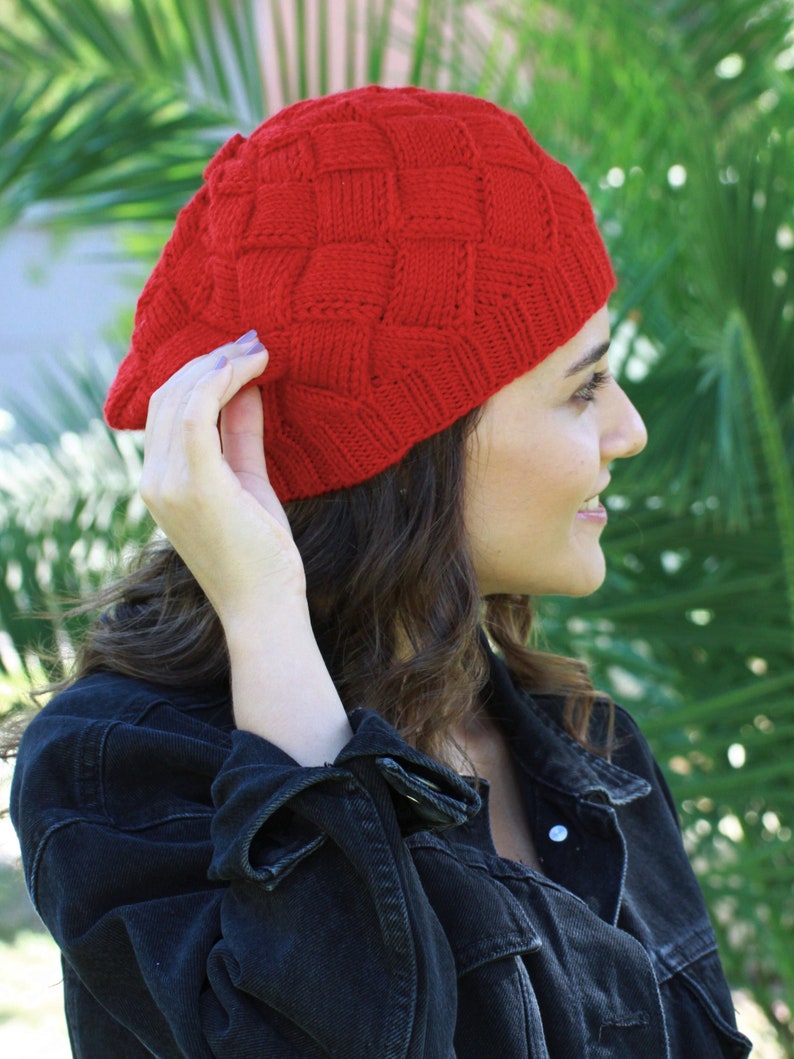 Handknit red beanie in entrelac knitting style, Winter women hat, Wool red knit hat, Handmade gift for girl friend image 7