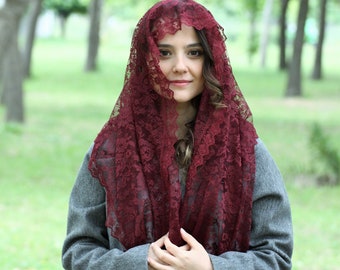 Burgundy Lace Veil for Catholic Mass, Head Covering for Christians, Rectangular Mantilla Veil for Mass, Church Head Scarf