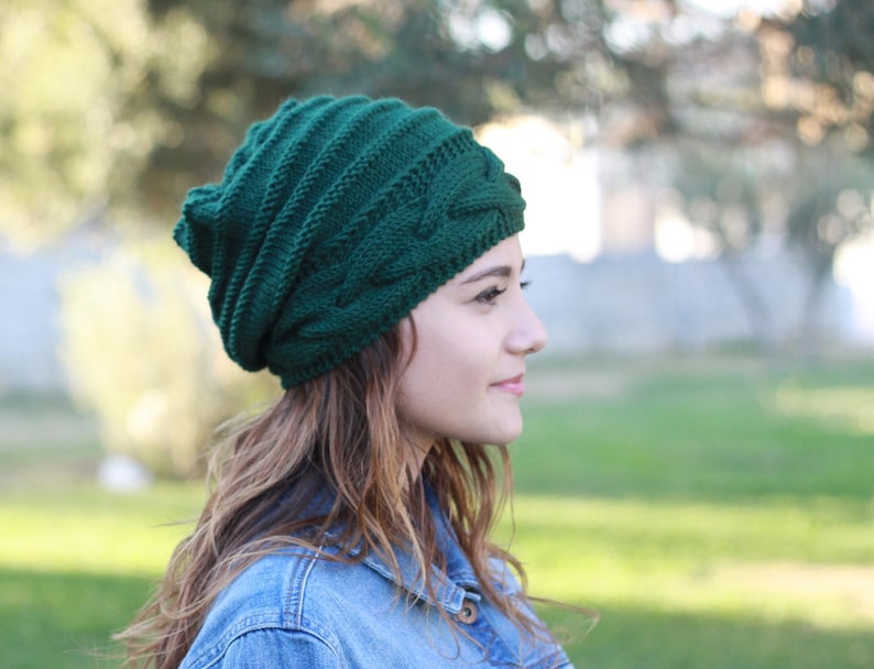 Emerald Green slouchy beanie, Hand knit hat, Womens clothing beanies and hats, Winter accessories, Womens hat, St. Patricks Day outfit image 1