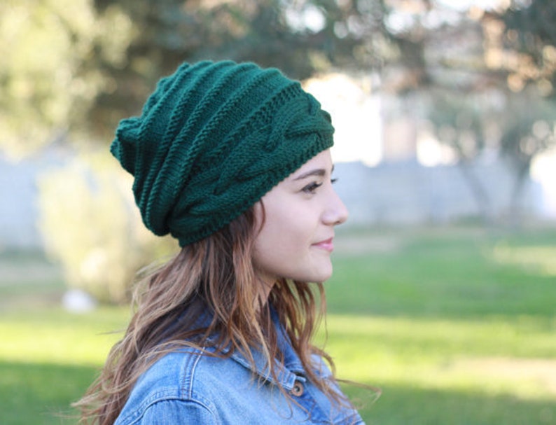 Custom color women slouch hat, Winter knit beanie, Fall accessories, Handknit beanie cap, Handmade slouch beanies and hats Emerald Green