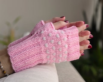 Women pink knit fingerless gloves with small hearts, Funny winter accessories, Elegant hand warmers, Romantic valentines day gift for her