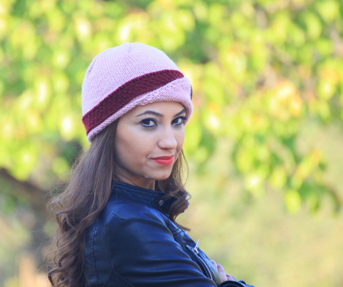 Women Knit Hat With a Button Flapped Brim Double Color Skull Etsy