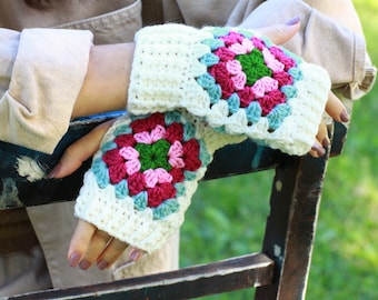 Crochet granny square fingerless gloves womens, Winter hand warmers, Colorful winter accessories