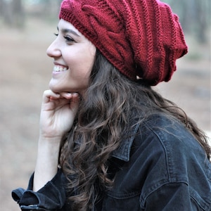 Burgundy knit slouchy beanie, Handmade knit hat, Unique Winter accessories, Handmade Gift image 3