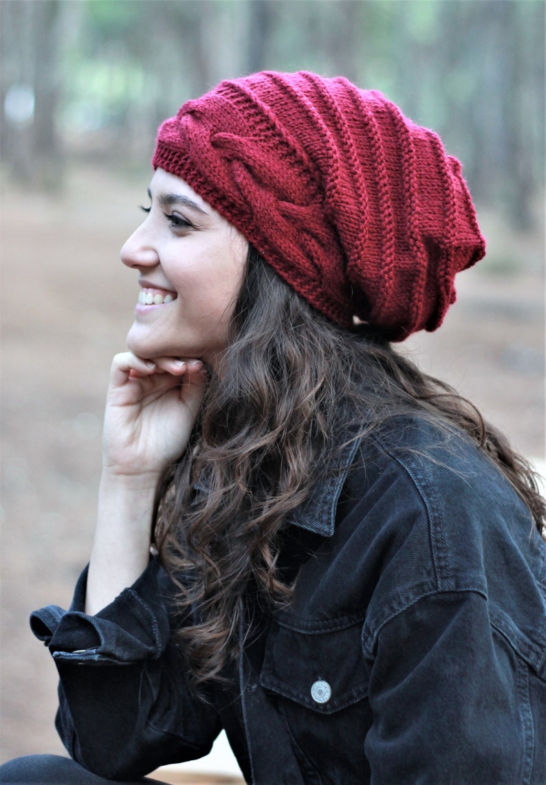 Burgundy knit slouchy beanie, Handmade knit hat, Unique Winter accessories, Handmade Gift image 3