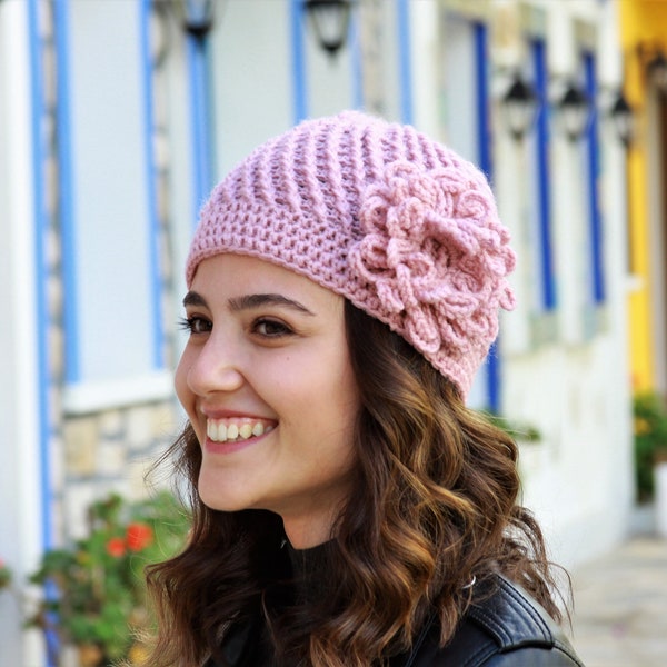 Women crochet beanie with flower, Soft and lightweight handmade custom hat for her, Stylish winter cap, Crochet hat for women