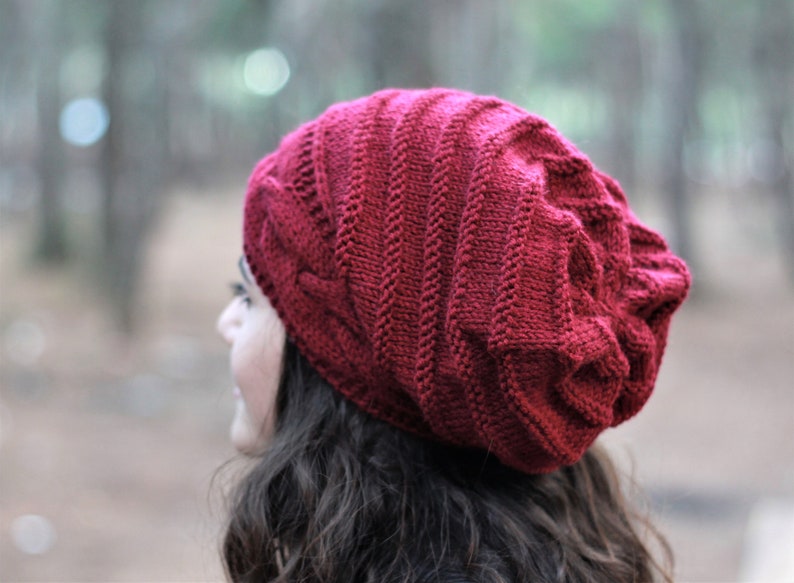 Burgundy knit slouchy beanie, Handmade knit hat, Unique Winter accessories, Handmade Gift image 5