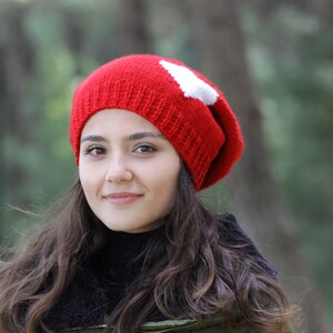 Red knit hat heart, Slouchy beanie knit, Handmade Gift for her, Girlfriend gift for Valentines Day, Valentine accessories image 2