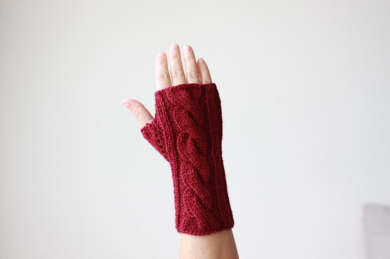 Guantes sin dedos color burdeos para mujer, manoplas sin dedos para mujer, guantes de punto con dedos abiertos, accesorios de invierno, manoplas sin dedos imagen 3