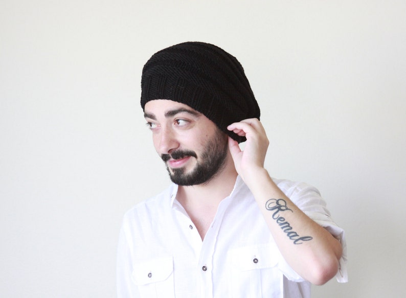 Handknit slouchy hat men, Black winter mens beanie, Slouch mens hat, Handmade gift for him image 8