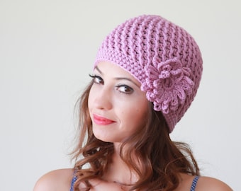 Lilac color handmade crochet cap, Women flower applique hat, Winter hand crochet beanie for women