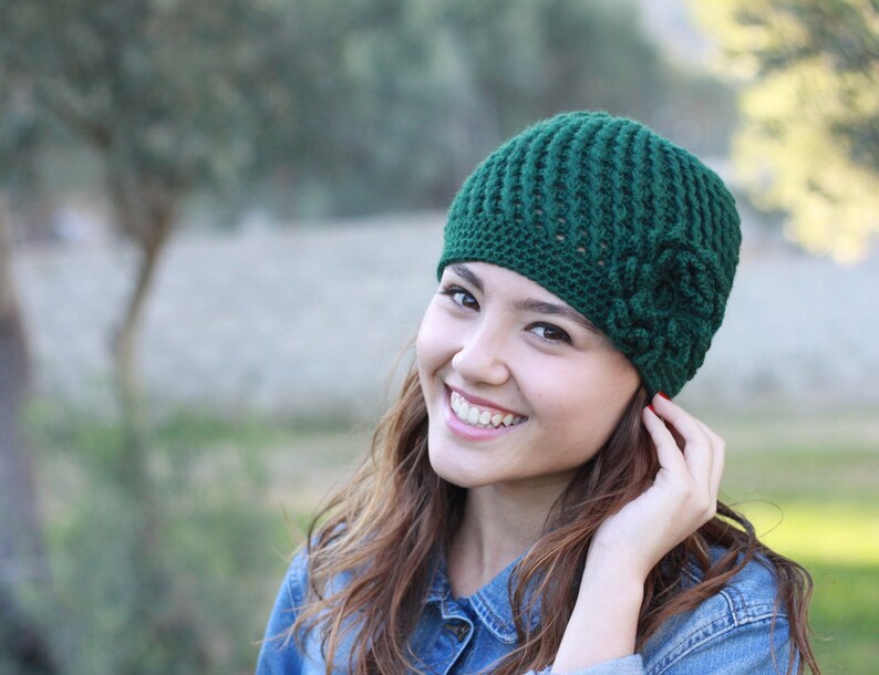 Emerald green Crochet Beanie with flower, Women handmade hat winter, Flower beanie women, Handmade gift women, Gift for her birthday friend image 3